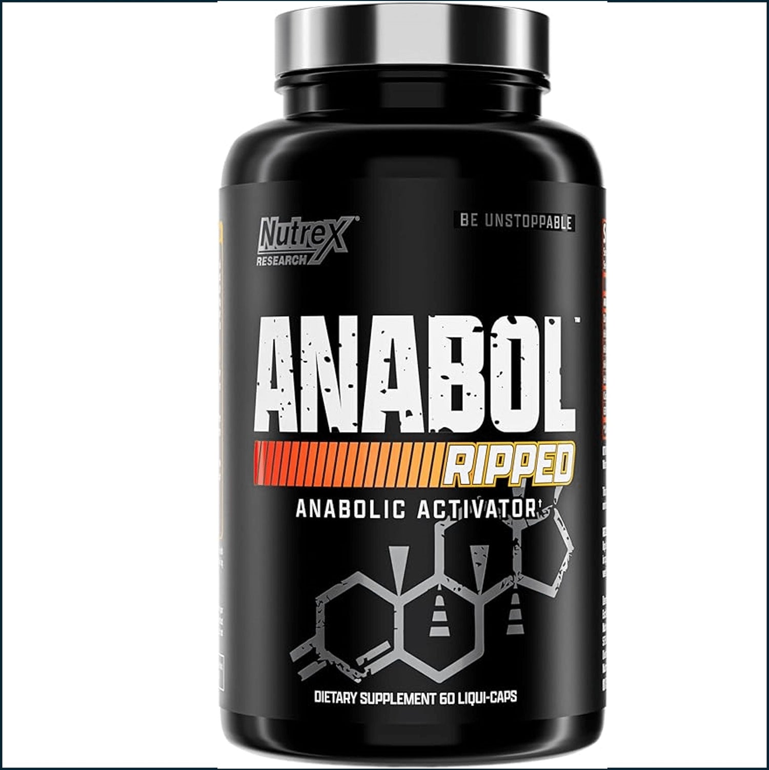 Bottle of Nutrex Anabol Ripped testosterone booster capsules with label showing 60 caps, natural supplement for muscle support