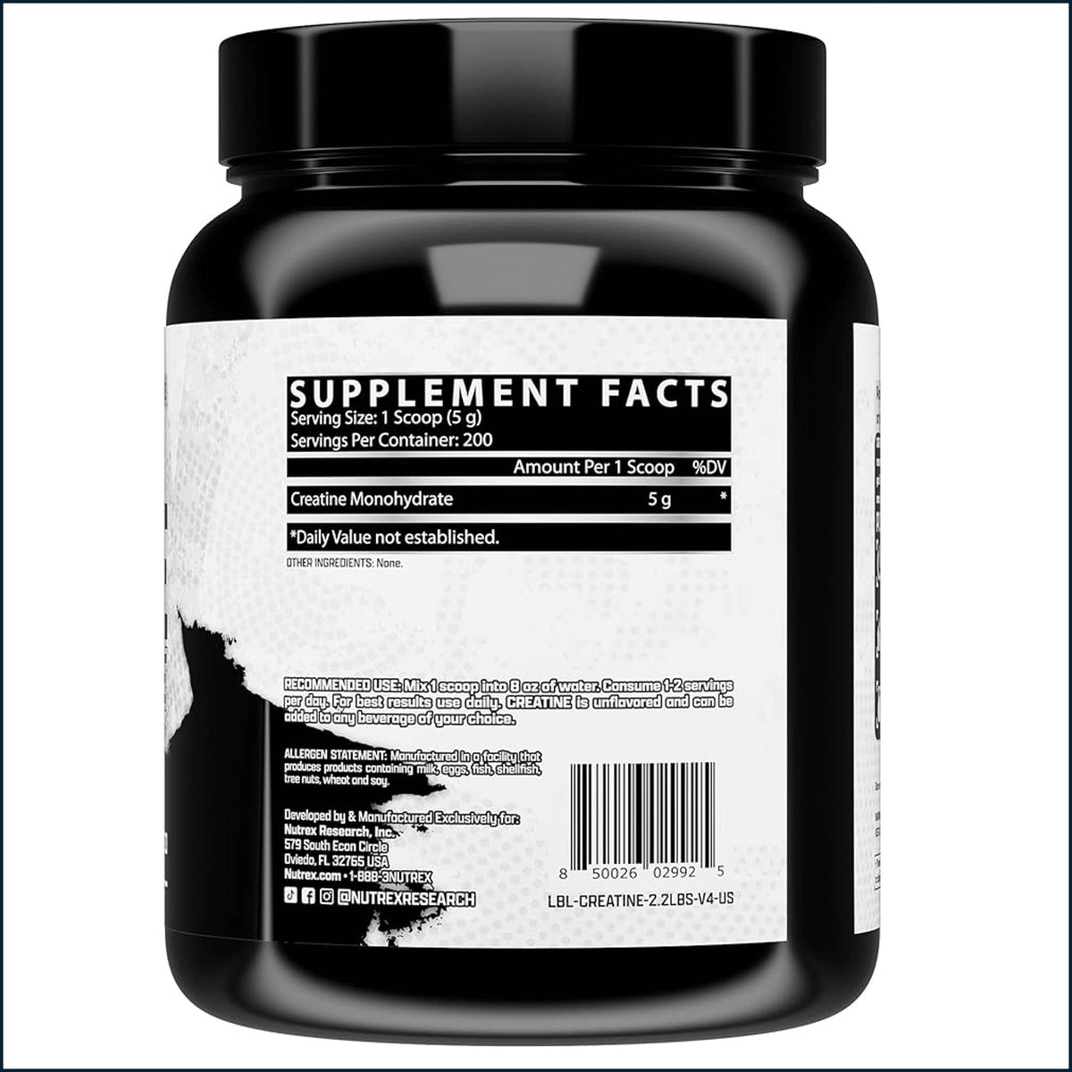 Container of Nutrex Creatine Monohydrate supplement with label, showcasing 200 servings for muscle support and athletic performance.