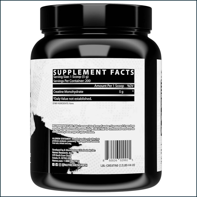 Container of Nutrex Creatine Monohydrate supplement with label, showcasing 200 servings for muscle support and athletic performance.