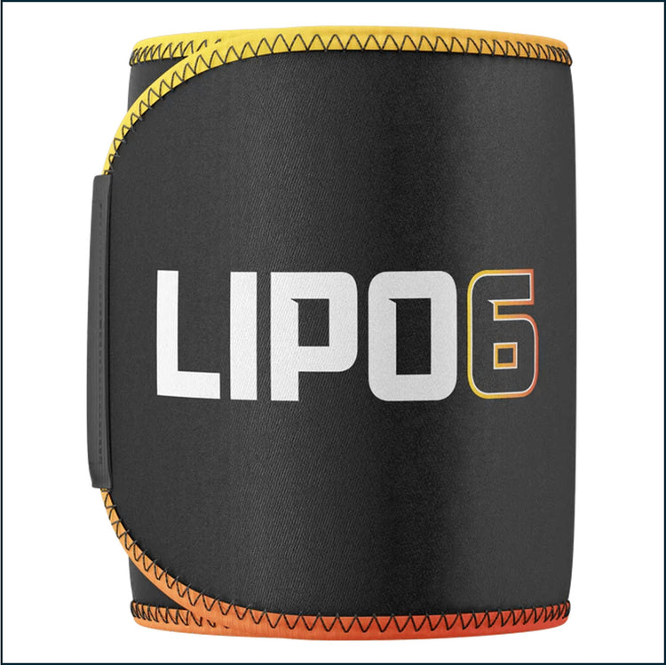 Nutrex LIPO-6 waist trimmer sweat belt for weight loss, shown in black with adjustable strap and ergonomic design.