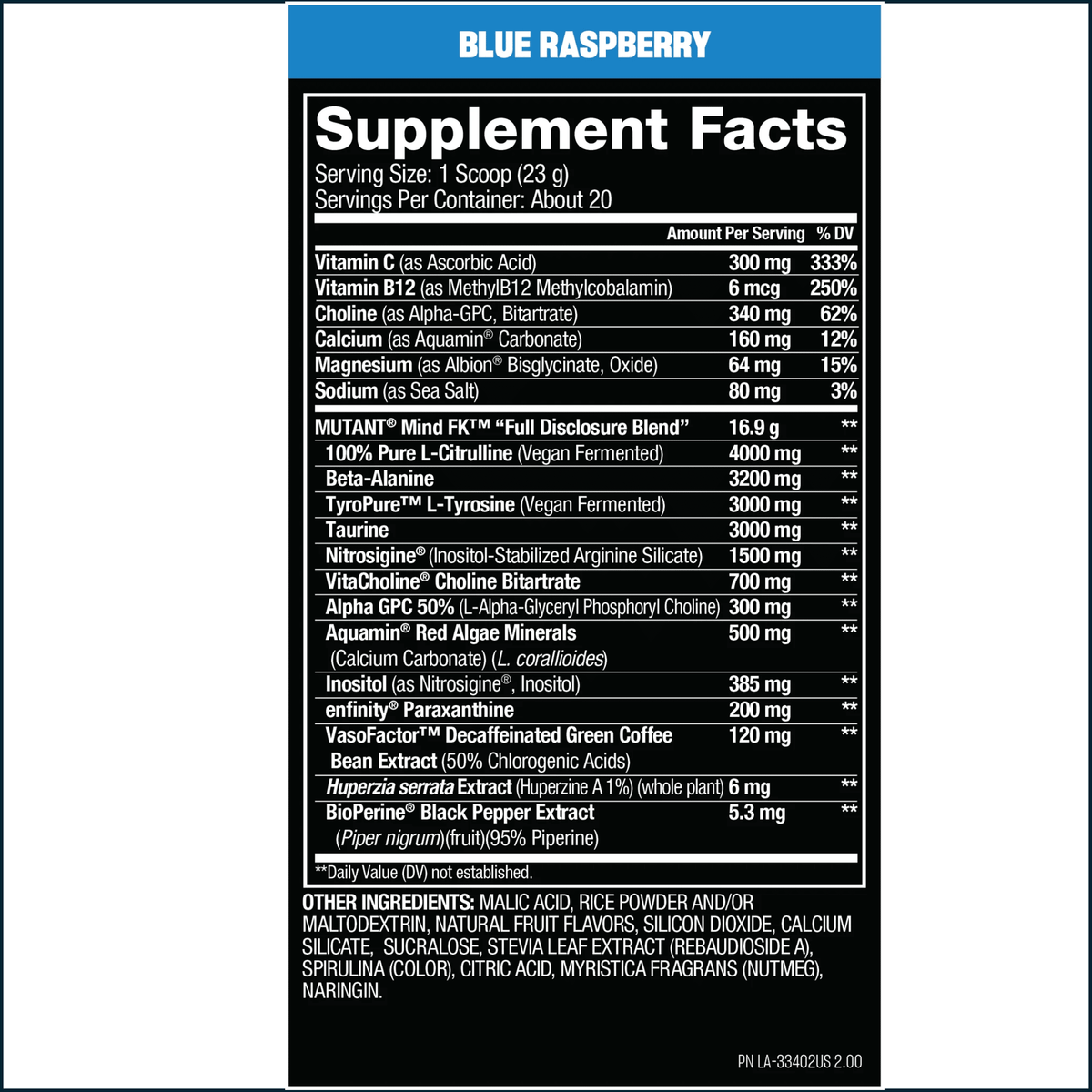 Mutant MindFK pre-workout supplement in a container with label, featuring 20 servings for enhanced focus and energy during workouts.