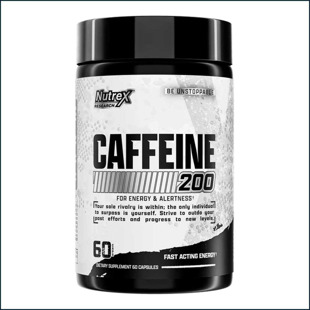 Pre-workout Nutrex Caffeine 200mg capsules showing 60 softgel capsules in a bottle.