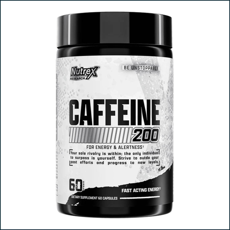 Pre-workout Nutrex Caffeine 200mg capsules showing 60 softgel capsules in a bottle.