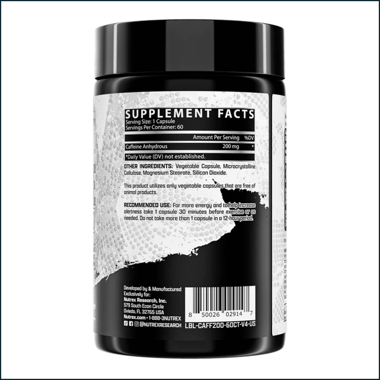 Close-up of Nutrex Caffeine 200mg pre-workout supplement capsules in a bottle, designed to boost energy and focus during workouts.