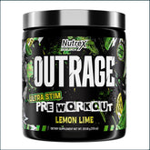 Nutrex OutRage pre-workout supplement container with 30 servings, featuring bold label design and vibrant colors.