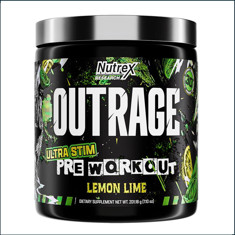 Nutrex OutRage pre-workout supplement container with 30 servings, featuring bold label design and vibrant colors.