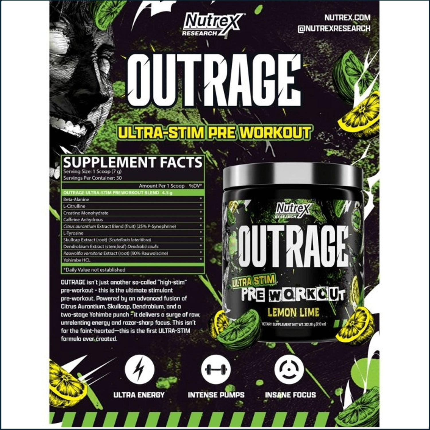 Pre-workout supplement Nutrex OutRage in a container with a scoop, showing the label and product details.