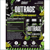 Pre-workout supplement Nutrex OutRage in a container with a scoop, showing the label and product details.