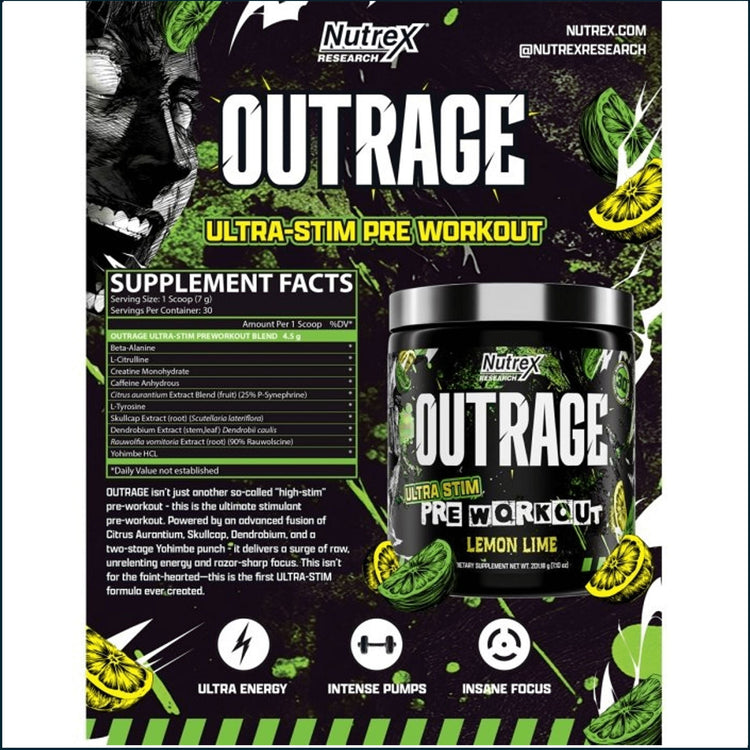 Pre-workout supplement Nutrex OutRage in a container with a scoop, showing the label and product details.