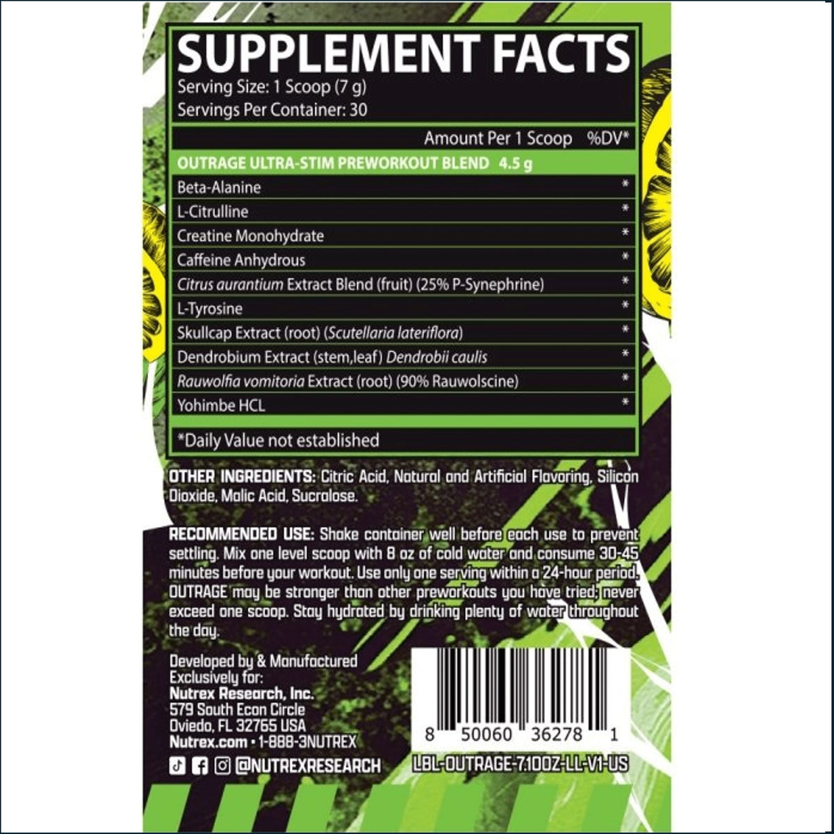 Nutrex OutRage pre-workout supplement in a container, designed for energy and performance enhancement, with 30 servings.