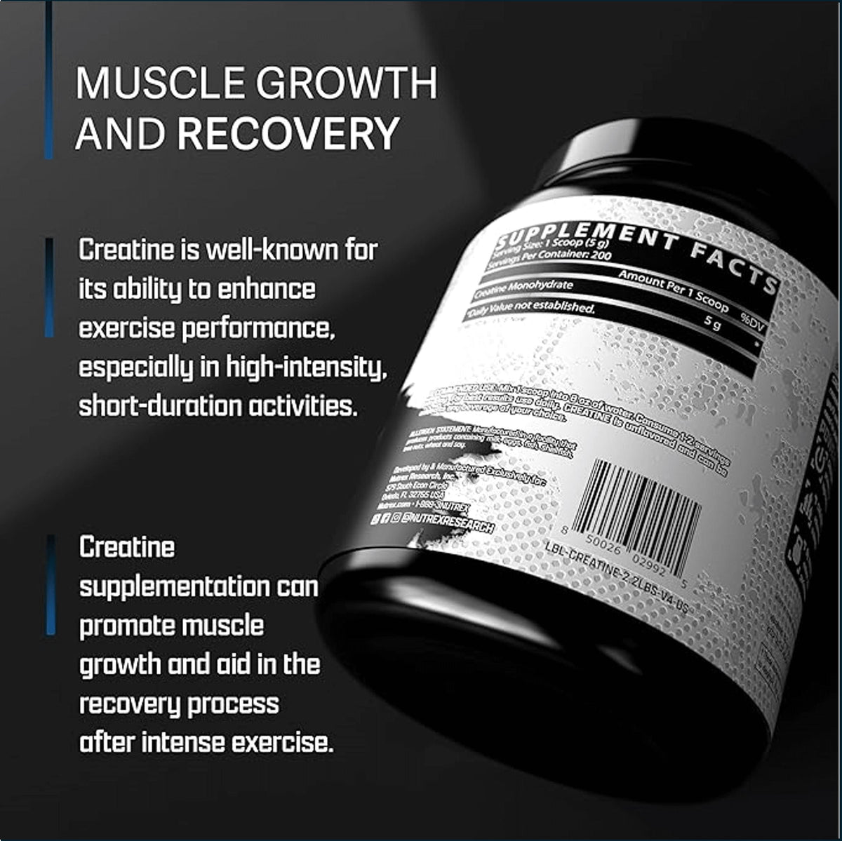 Container of Nutrex Creatine Monohydrate powder with 200 servings, dietary supplement for muscle energy, branded by PoorBoySupplements.com
