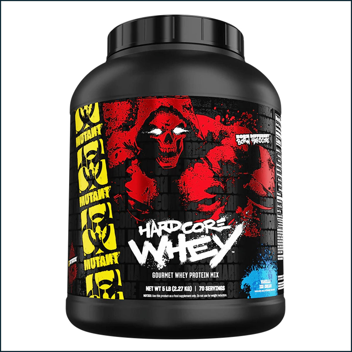 PoorBoySupplements Mutant Hardcore Whey protein 5lbs container with scoop and label visible in the image.