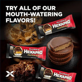 Allmax Hexapro Protein Bar in packaging, a nutritious snack bar from PoorBoySupplements.com, with chocolate and nut flavor visible.