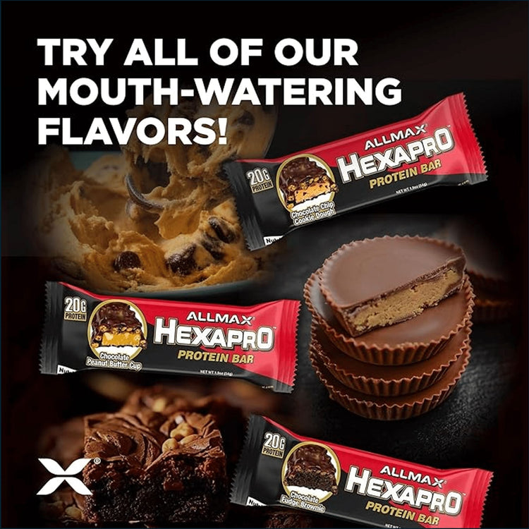 Allmax Hexapro Protein Bar in packaging, a nutritious snack bar from PoorBoySupplements.com, with chocolate and nut flavor visible.