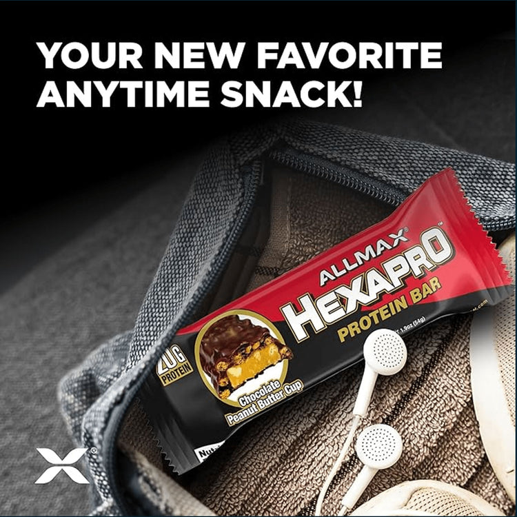 Allmax Hexapro Protein Bar in packaging, high-protein snack bar with chocolate coating and textured surface, suitable for active lifestyles