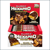 Allmax Hexapro protein bar in a box of 12, showing the chocolate-coated snack with branding and nutritional details.