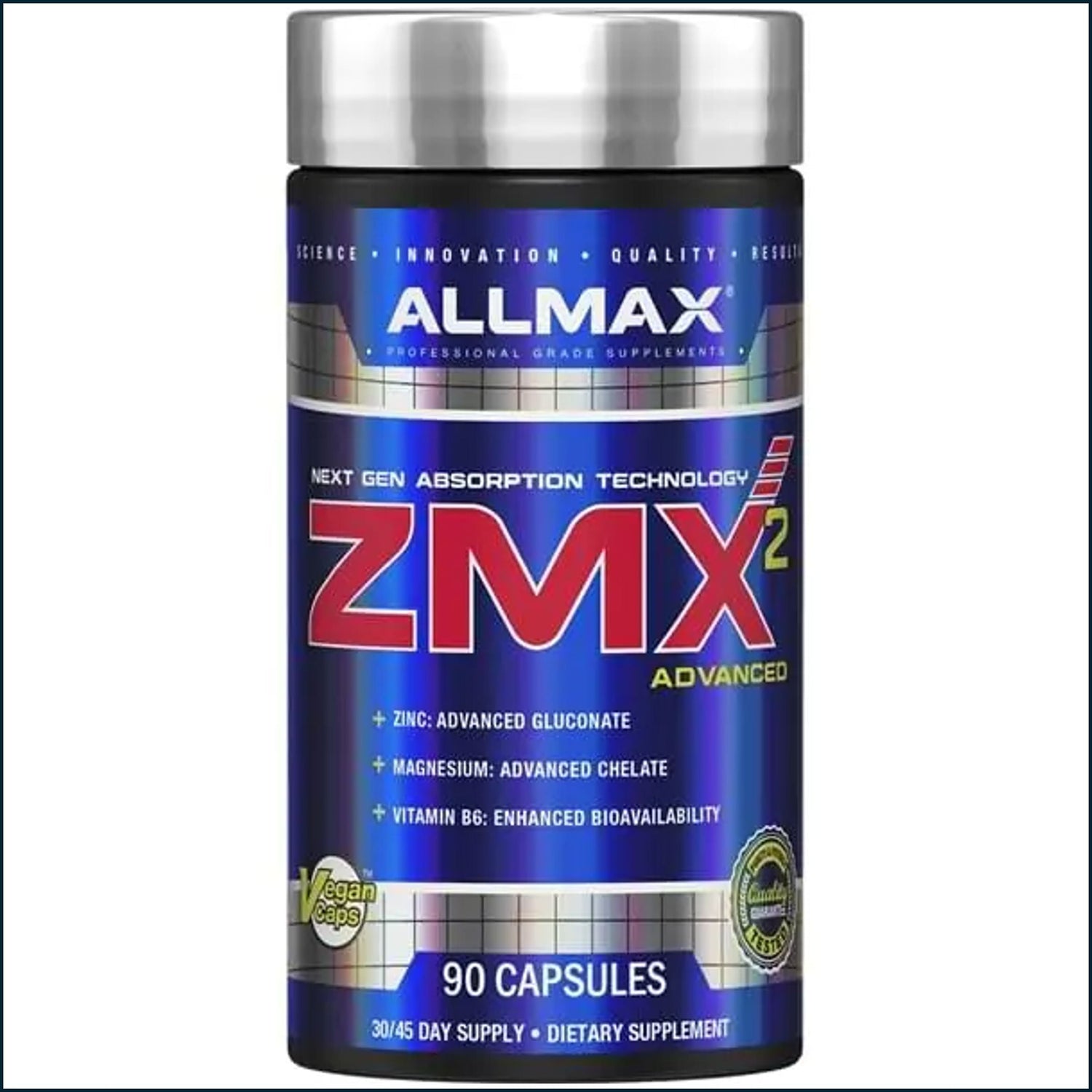 Allmax ZMX2 Advanced testosterone booster capsules for men, featuring 90 capsules in a sleek bottle.