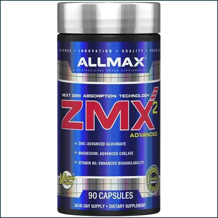 Allmax ZMX2 Advanced testosterone booster capsules for men, featuring 90 capsules in a sleek bottle.