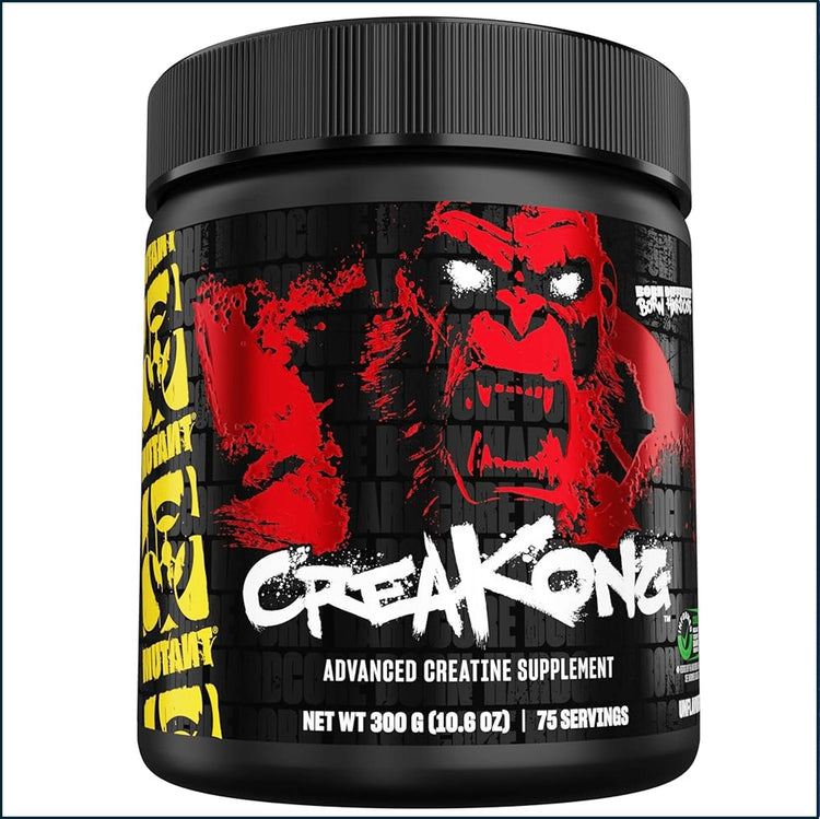 Mutant Creakong creatine Kre-Alkalyn supplement container with a label, 75 servings, from PoorBoySupplements.com.