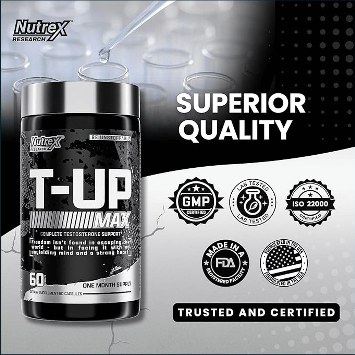 Nutrex T-Up Max testosterone booster capsules by PoorBoySupplements.com, showing a bottle of Nutrex T-Up Max dietary supplement.