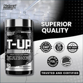 Nutrex T-Up Max testosterone booster capsules by PoorBoySupplements.com, showing a bottle of Nutrex T-Up Max dietary supplement.