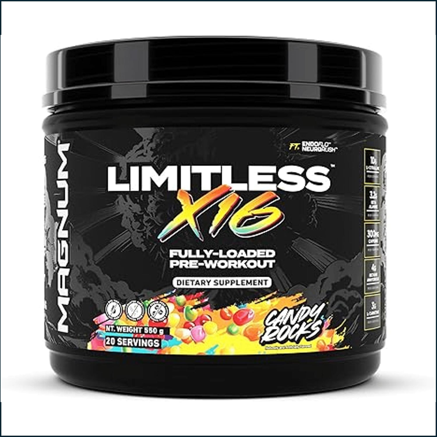 Magnum Limitless X16 pre-workout supplement in a container with label showing 20 servings, from PoorBoySupplements.com