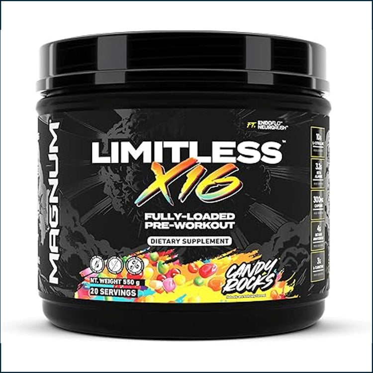 Magnum Limitless X16 pre-workout supplement in a container with label showing 20 servings, from PoorBoySupplements.com