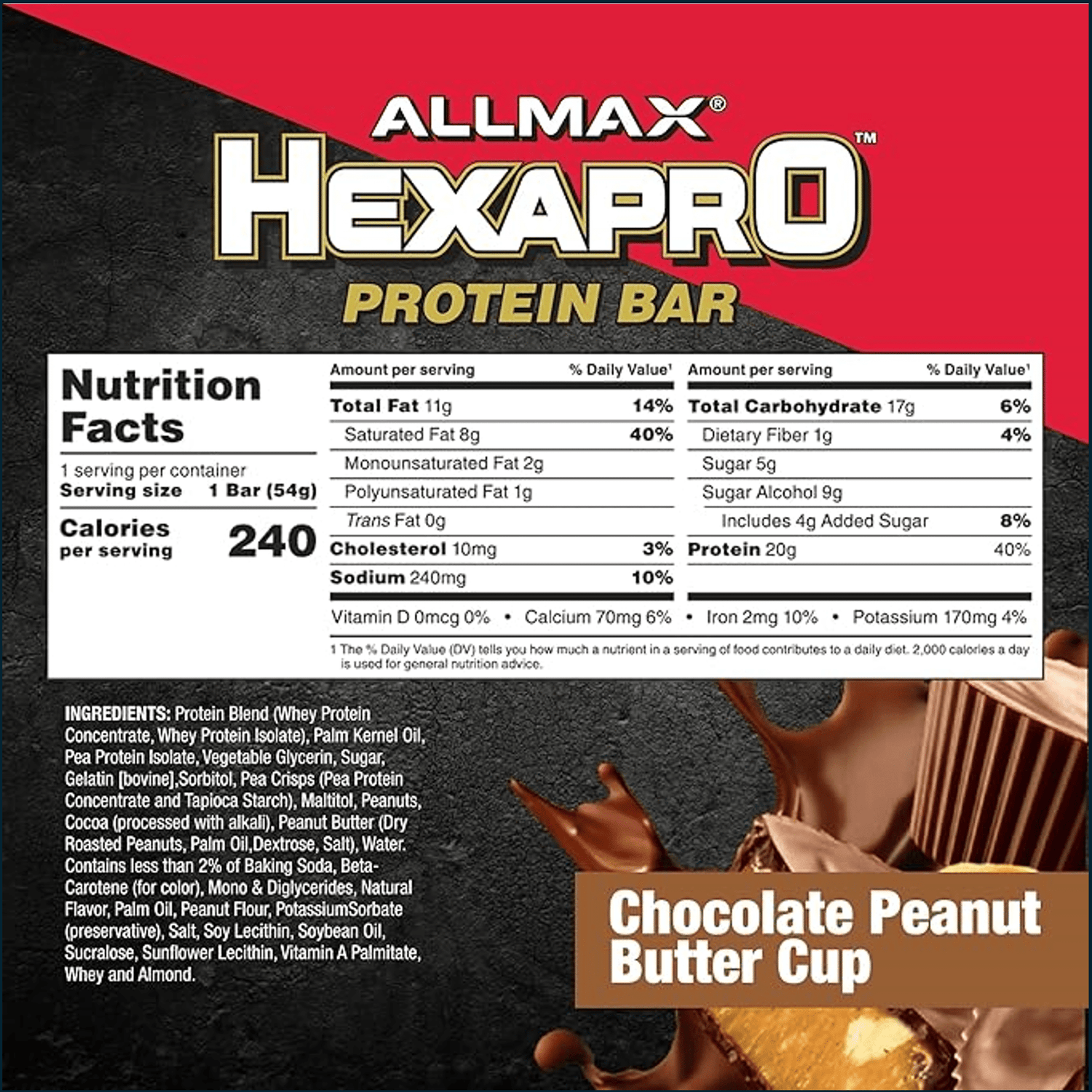Allmax Hexapro protein bar box showing 12 individually wrapped snack bars, ideal for high-protein snacks and fitness nutrition.