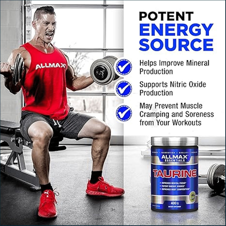 Allmax Taurine amino acids supplement in 400g container, showing the product label and scoop for BCAA and amino acids support