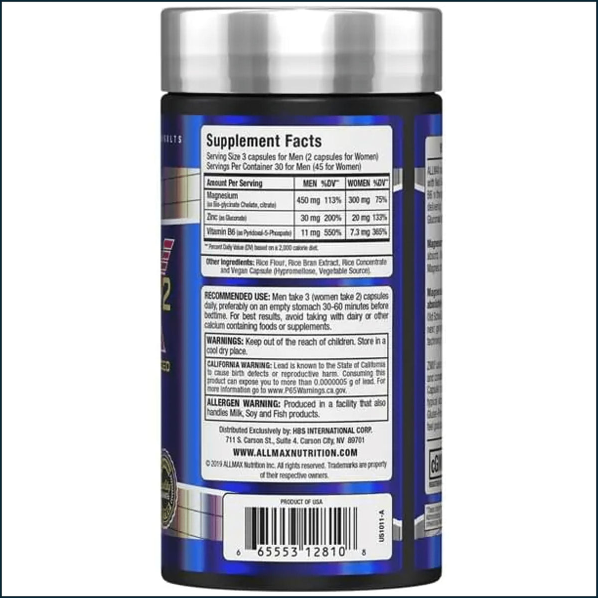 Allmax ZMX2 Advanced testosterone booster capsules showing the supplement bottle with 90 capsules.