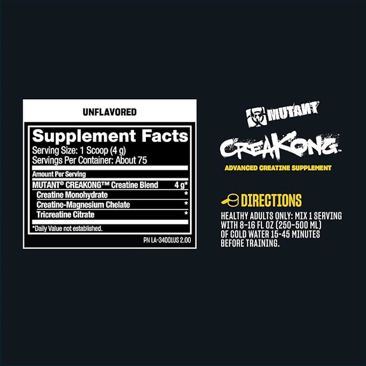 Mutant Creakong Kre-Alkalyn creatine supplement with 75 servings, shown in a container with scoop and label details.