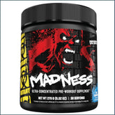 Pre-workout supplement Mutant Madness by PoorBoySupplements.com with 30 servings, showing the colorful powder and packaging.