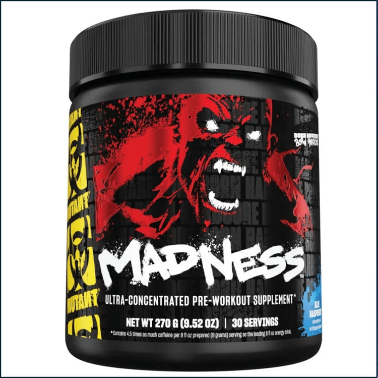 Pre-workout supplement Mutant Madness by PoorBoySupplements.com with 30 servings, showing the colorful powder and packaging.