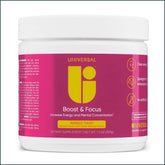 Universal Nutrition Boost & Focus pre-workout supplement in a container with a scoop, designed to enhance energy and mental clarity.