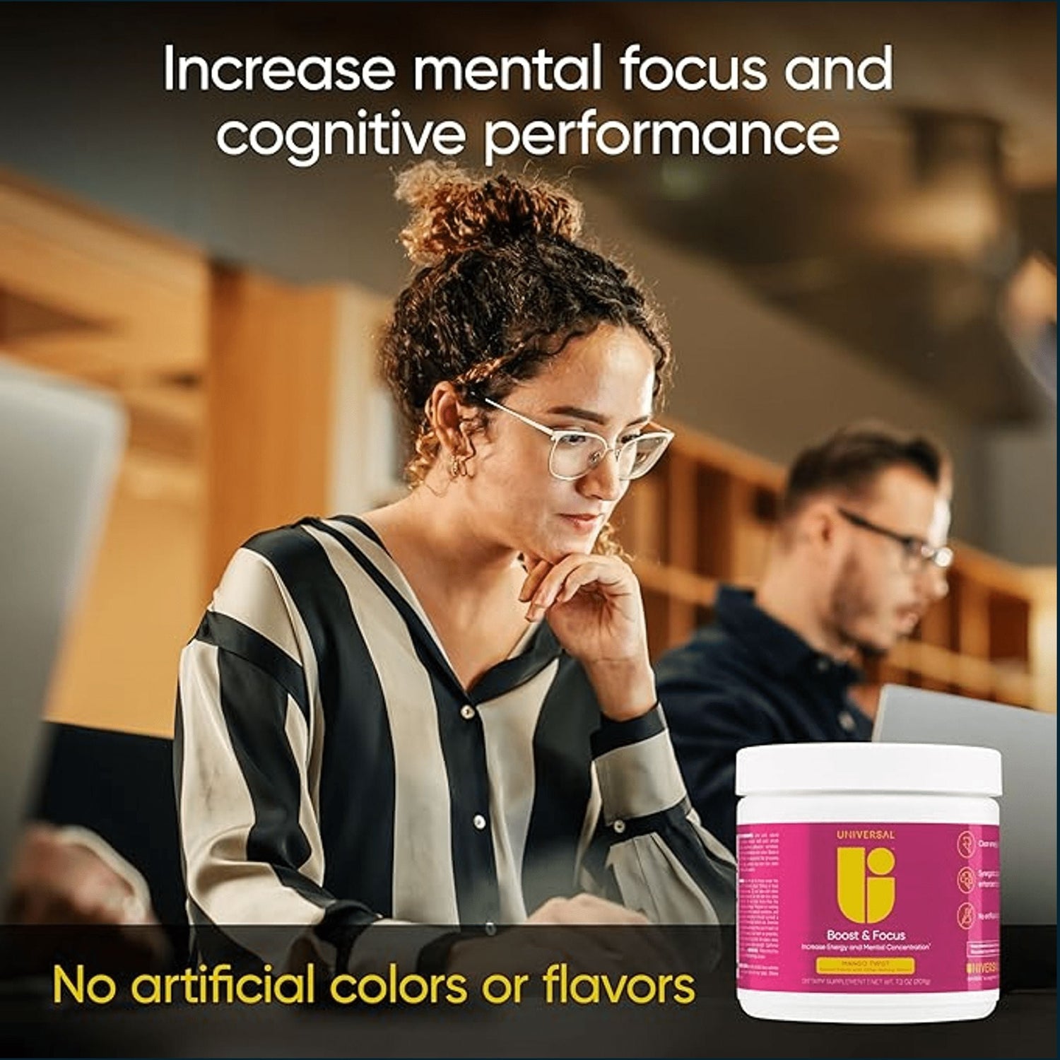 Universal Nutrition Boost & Focus pre-workout supplement in a container with label and scoop, designed to enhance energy and concentration.