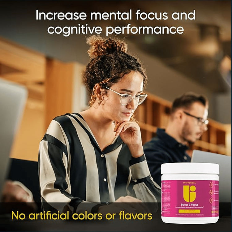 Universal Nutrition Boost & Focus pre-workout supplement in a container with label and scoop, designed to enhance energy and concentration.