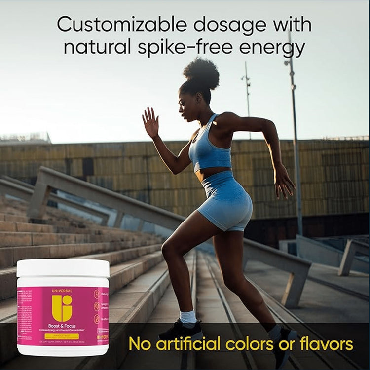 Universal Nutrition Boost & Focus pre-workout supplement in a container with label, 30 servings for enhanced energy and focus