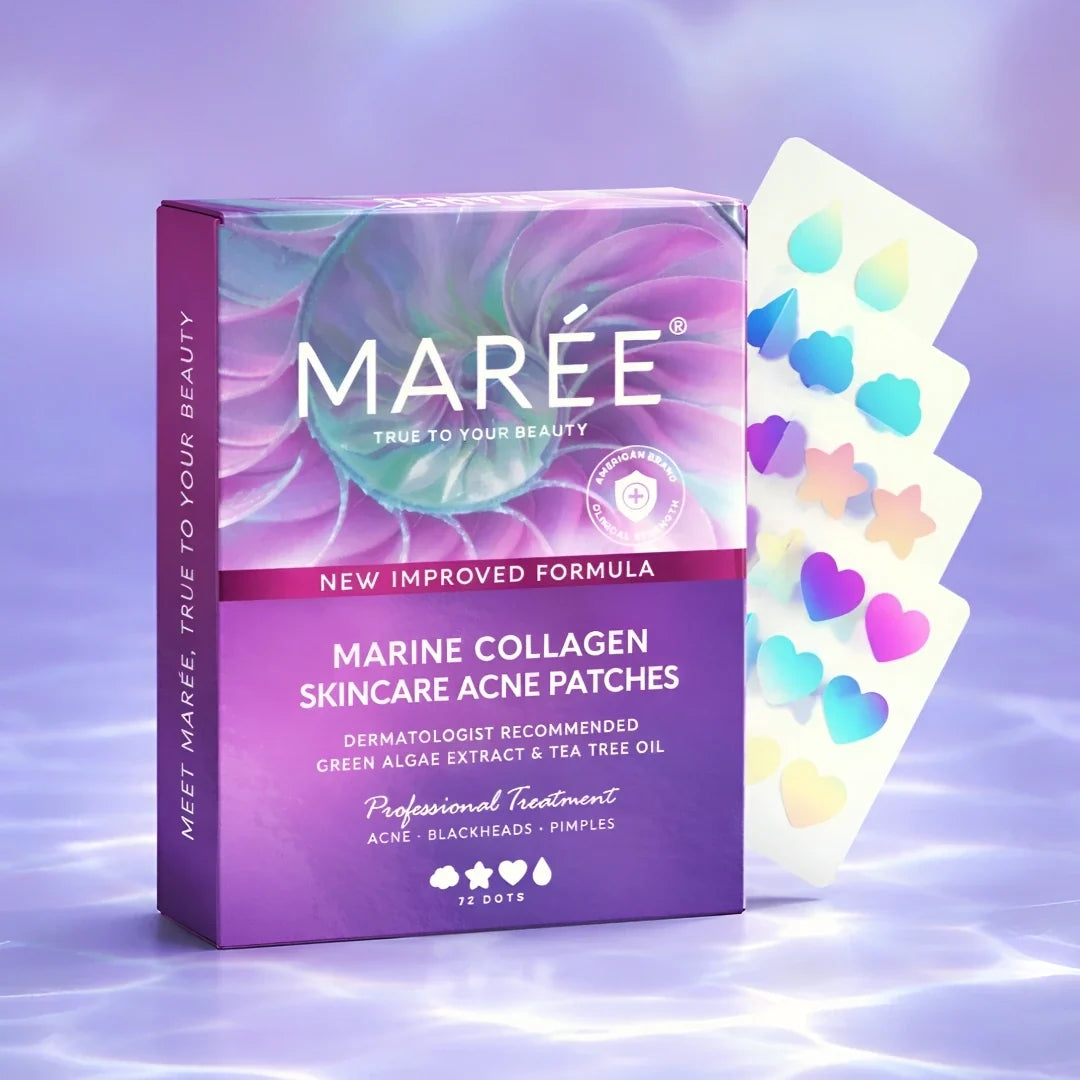Maree Pimple & Acne Patches on skin, showing clear, small transparent patches designed for fast-acting acne treatment.