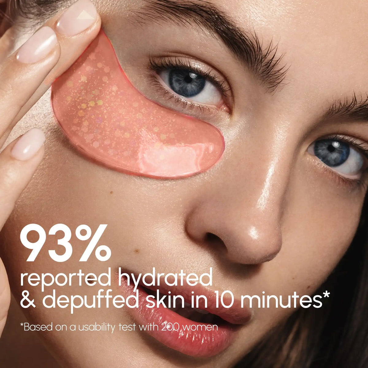 Pink Maree eye patches for puffy eyes, showing soothing gel patches on under-eye skin in a close-up view.