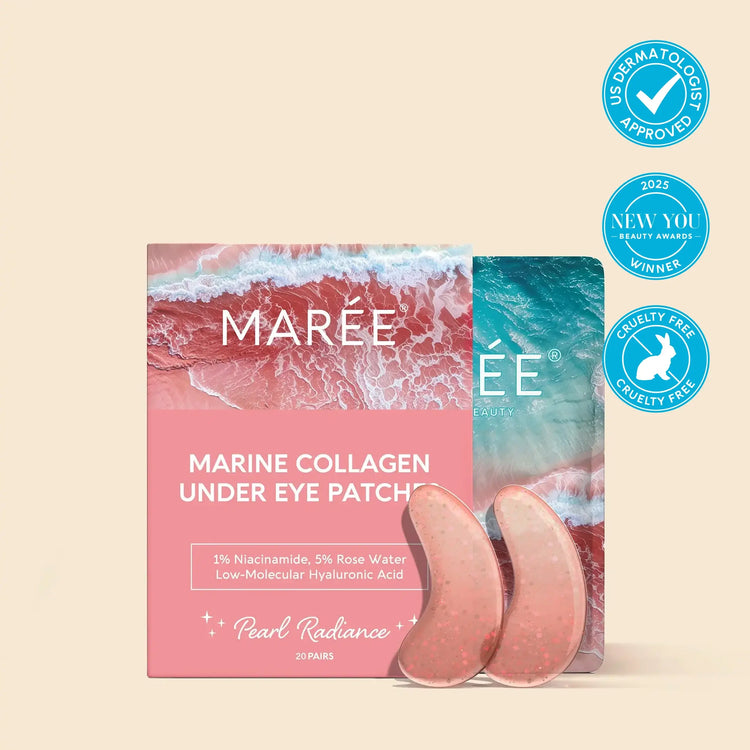 Pink Maree eye patches for puffiness, showing soft pink patches on under-eye area to reduce swelling and dark circles.