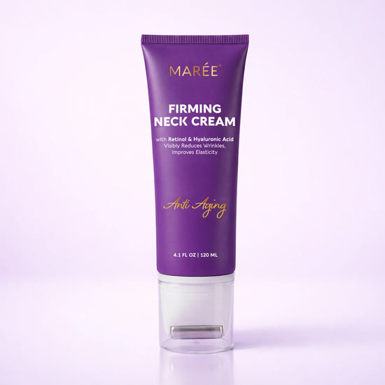 Maree Pro-Retinol neck lifting cream with massage device, showing the cream jar and applicator for skin firming and anti-aging.