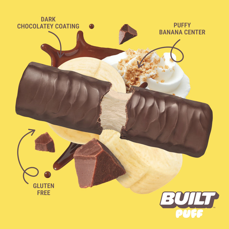 Built Banana Cream Pie Puff showing a stacked, textured puff pastry filled with banana cream flavor.
