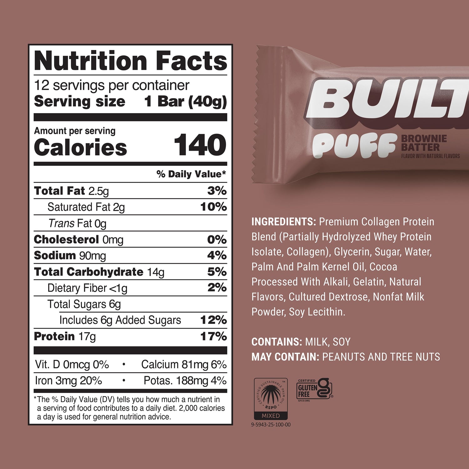 BUILT Brownie Batter Puff stack featuring chocolate-flavored puff snacks in a brown color, showcasing a delicious snack option.
