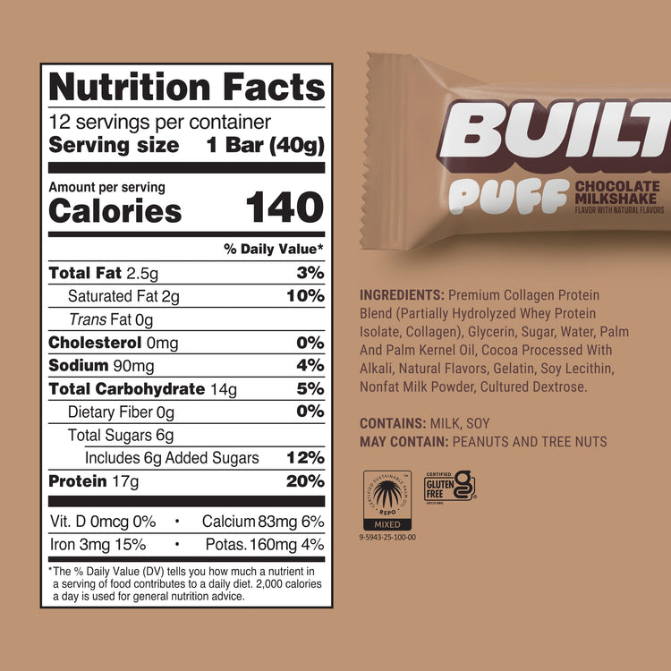 Built Chocolate Milkshake Puff snack stacked in a container, showing the crispy puff texture and chocolate flavor.