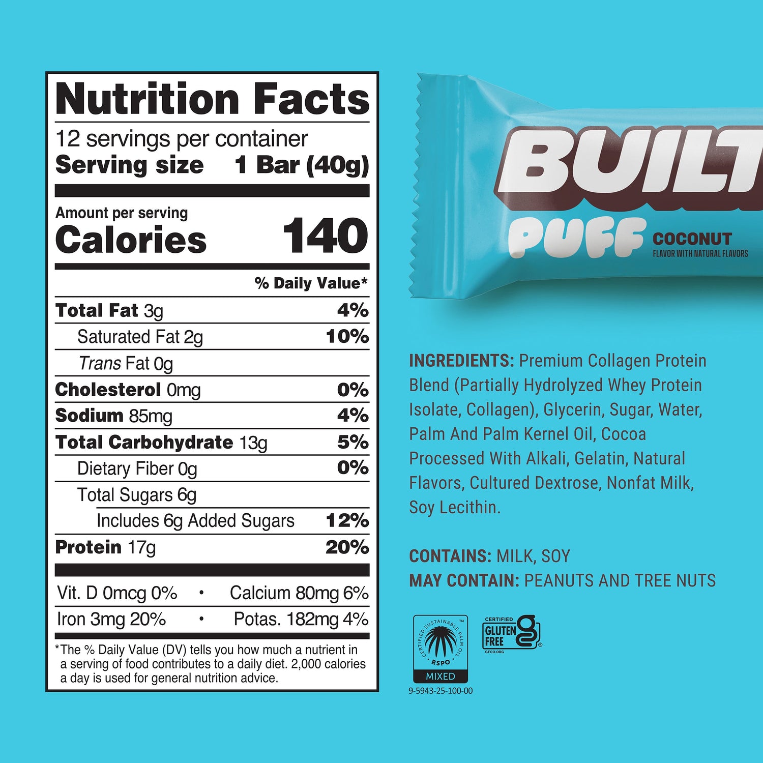 Stack of BUILT Coconut Puff snacks, crispy coconut-flavored puffs arranged in a neat pile on a white background.