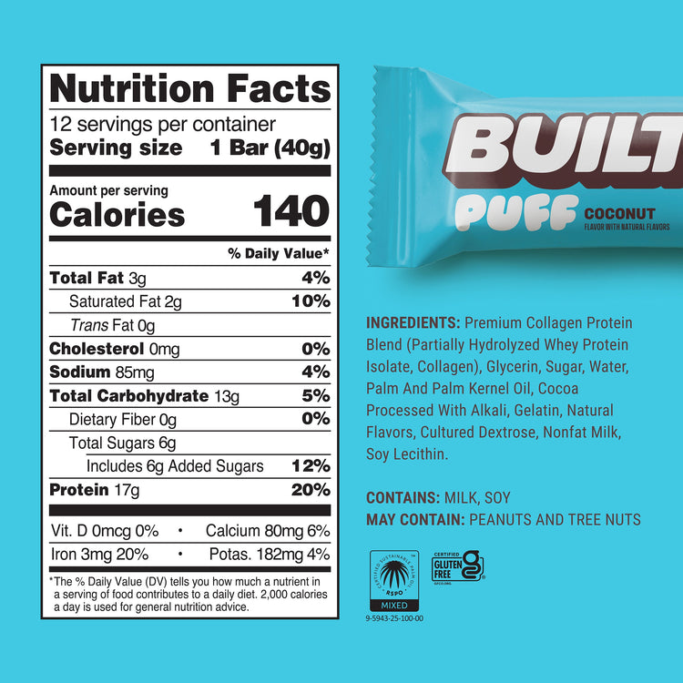 Stack of BUILT Coconut Puff snacks, crispy coconut-flavored puffs arranged in a neat pile on a white background.