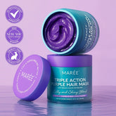 Maree purple hair mask for blonde hair, enhancing tone and shine, shown in a sleek purple jar on a white background.