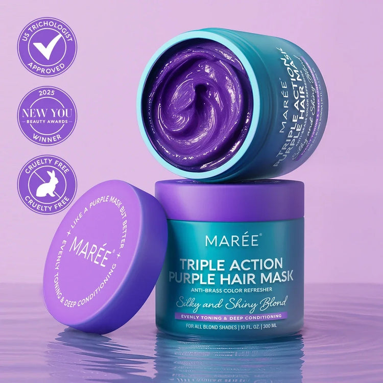 Maree purple hair mask for blonde hair, enhancing tone and shine, shown in a sleek purple jar on a white background.
