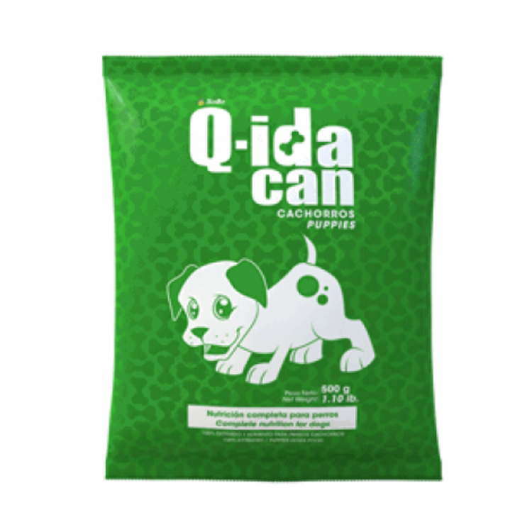 Q-ida can of puppy food by Farmacias Savia, 1.1 lb (500 g), showing the can with puppy images and product label.