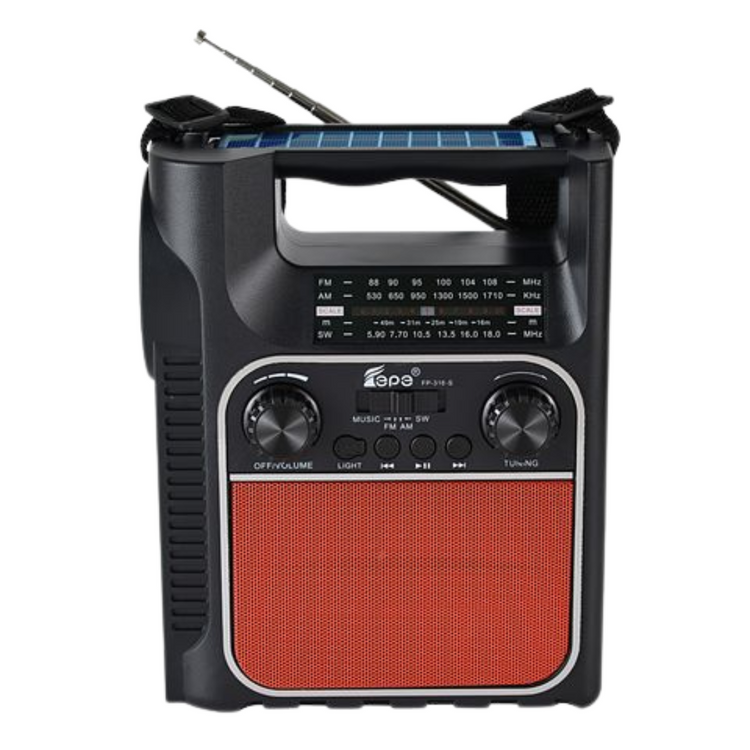 RetroWave portable radio AA2024-0421 by Farmacias Savia, with a vintage design, tuning dial, speaker grille, and control buttons.